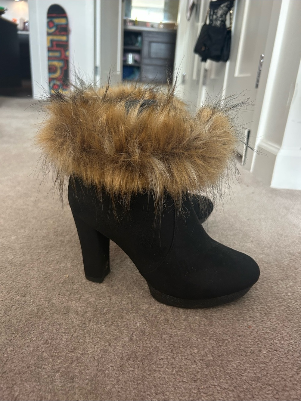 Women's Black Faux Fur Trim High Heel Booties